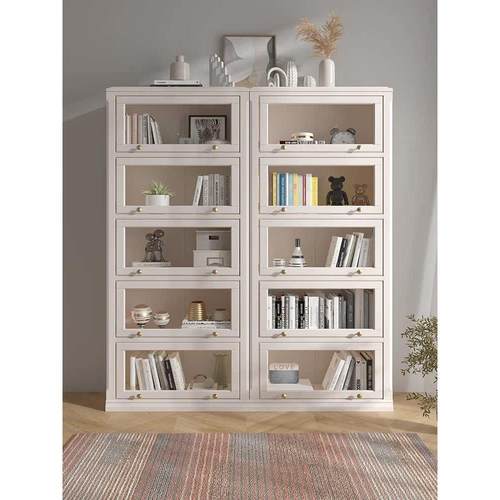 简约书柜白色玻璃门组合现代书架落地儿童储物柜实木轻奢防尘书橱