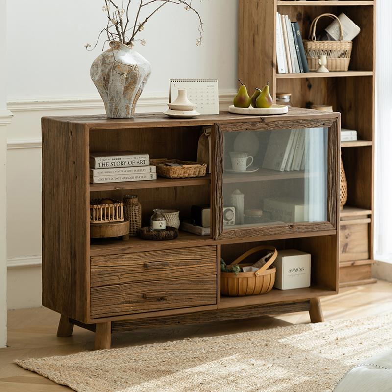 润家家居实木餐边柜侘寂风老榆木玻璃收纳柜客厅茶水柜民宿储物柜