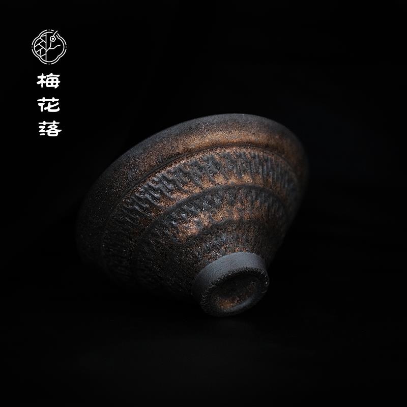 梅花落柴烧斗笠杯陶瓷单杯纯手工品茗茶杯黑金主人杯复古高性价比