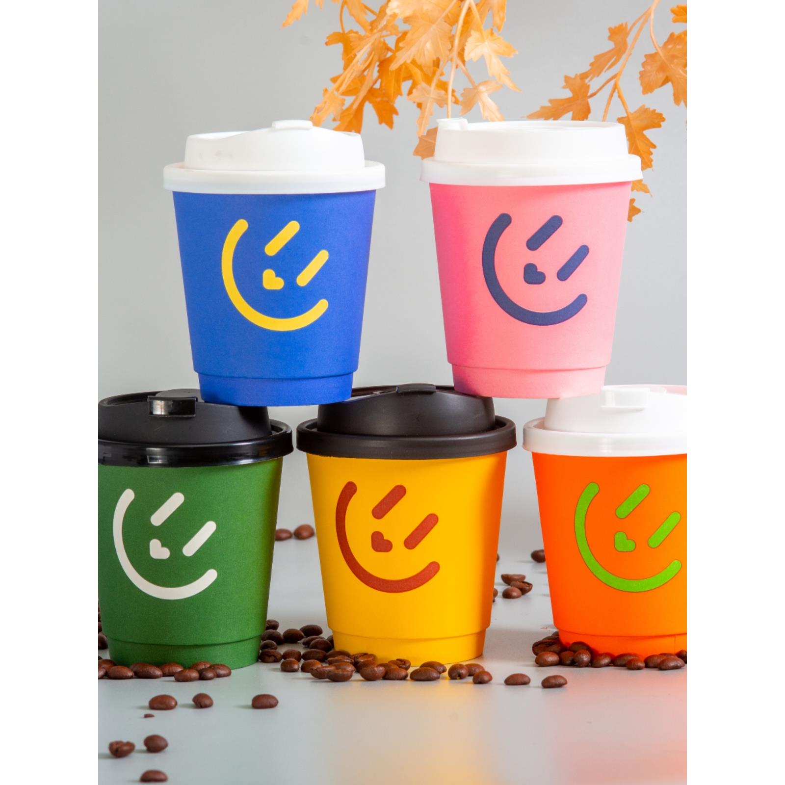 彩色幸运咖啡奶茶纸杯创意时尚饮料一次性双层外带隔热打包杯子