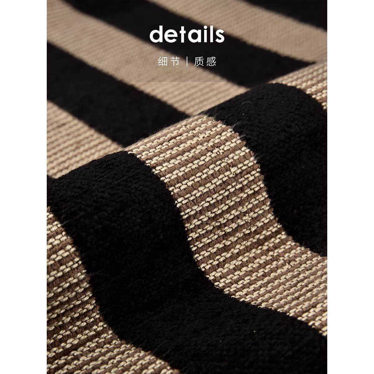 中古风咖黑条纹雪尼尔高档提花双面手作沙发床头软包面料抱枕靠背