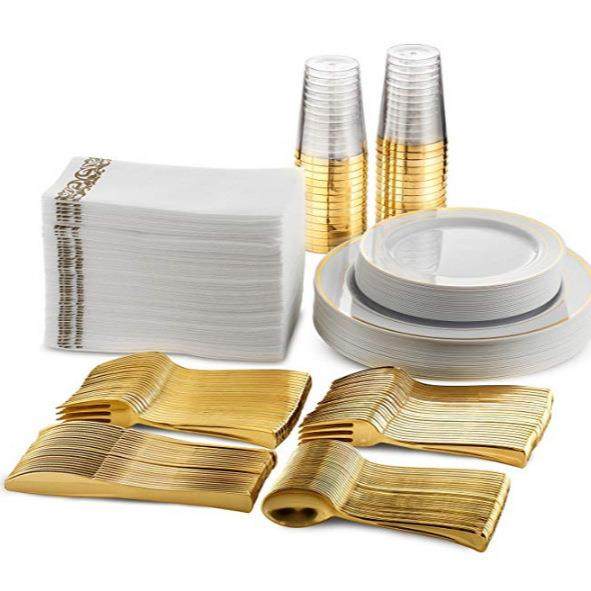 175个套装外贸一次性餐盘金边盘子酒杯刀叉勺镂空盘PS硬塑料水果