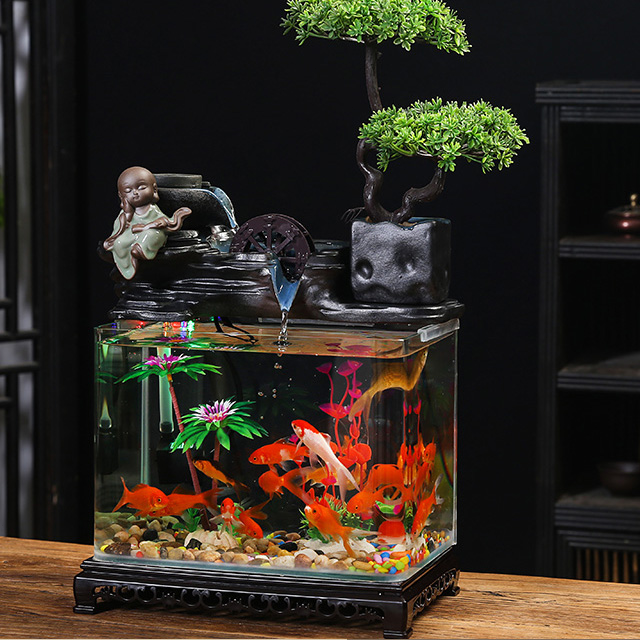 招财循环流水玻璃鱼缸客厅家居电视柜装饰风水轮摆件乔迁新居礼品