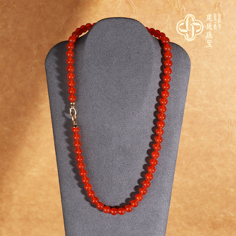 毕业级保山河湾冰红项链 6.5mm 锁骨链18k金扣冰种荧光南红颈链