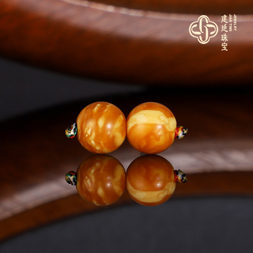 建廷天然俄料老蜡散珠8mm一对 B11 云端满蜡满密古董老花蜡配珠