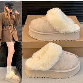 皮毛一体羊毛口加绒厚底保暖外穿包头半拖鞋 2025新款 雪地靴女冬季