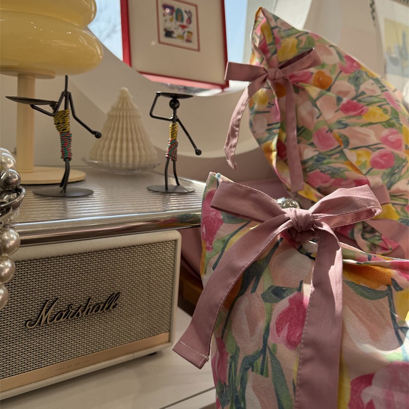 ins复古系带枕套田园o郁金香红床上四件套全棉纯棉文艺1.5m1.8被