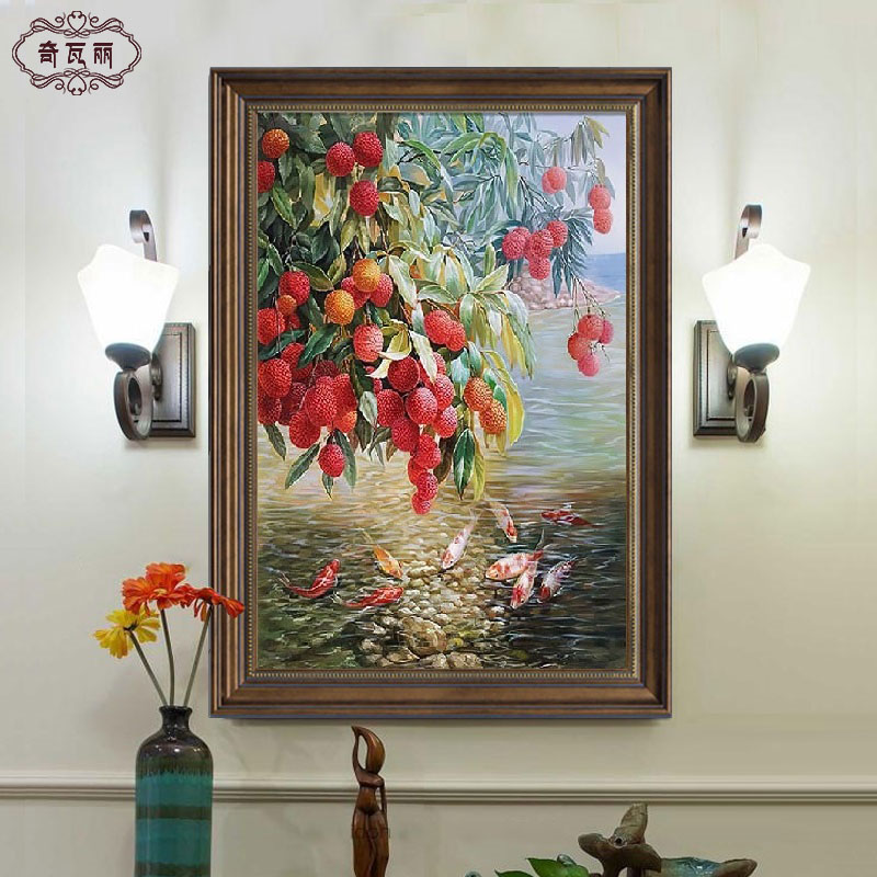 荔枝九鱼图美式玄关装饰画饭厅挂B画客厅背景墙画餐厅壁画走廊油图片