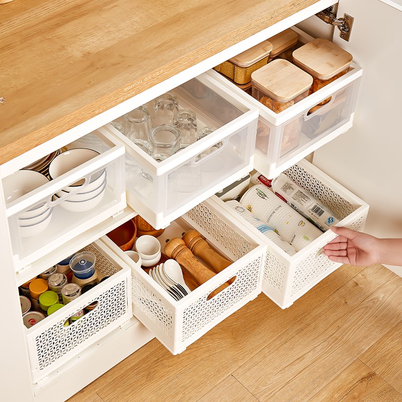 厨房橱柜拉篮多层l抽屉式碗碟整理盒下水槽免打孔滑轨抽拉式收纳
