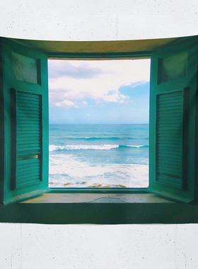 窗户大海挂布蓝色安n静海景装饰布 ins夏天清凉背景布床头布置画
