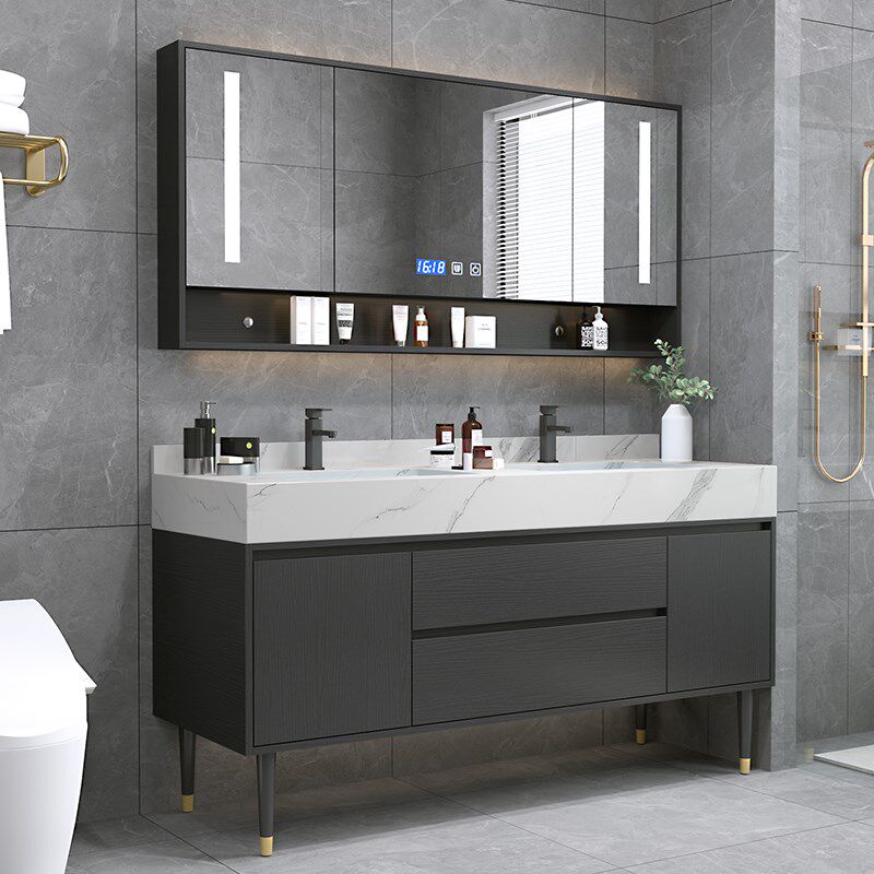 现代简约双槽洗脸盆浴室柜岩板一体洗漱台洗脸盆落地化妆室洗手盆