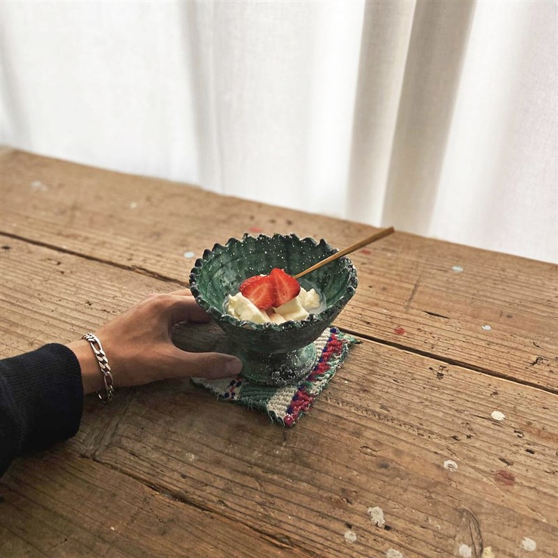 Roomology摩洛哥q绿釉高脚碗纯手工陶碗法式高脚果盘粗陶烧制圆碗