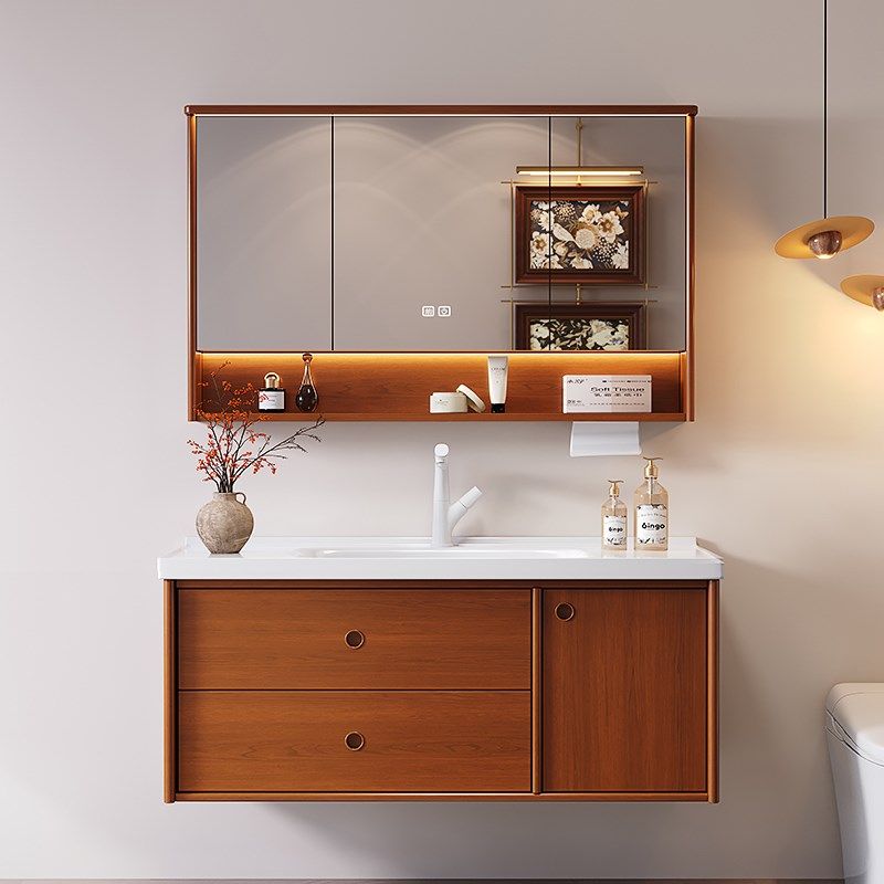 2025年新款柚木色法式复古风浴室柜陶瓷一体盆卫生间洗漱台洗手池