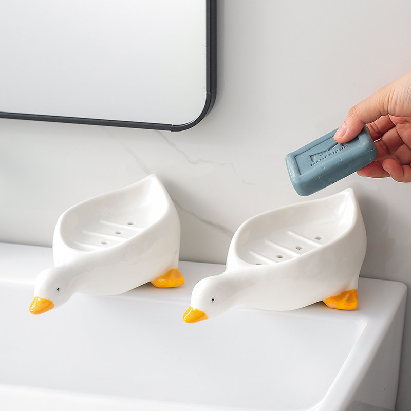 卫生间肥皂盒家用排水沥水陶瓷卡通鸭子创意免打孔浴室可爱香皂盒