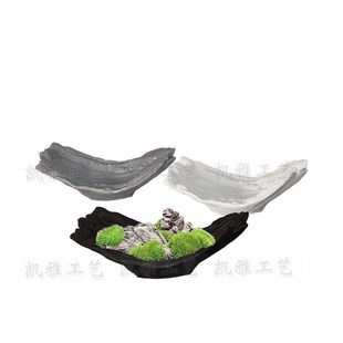 新中式文竹苔藓船形树脂花盆办公桌面样板房玄关家居装饰景观摆件