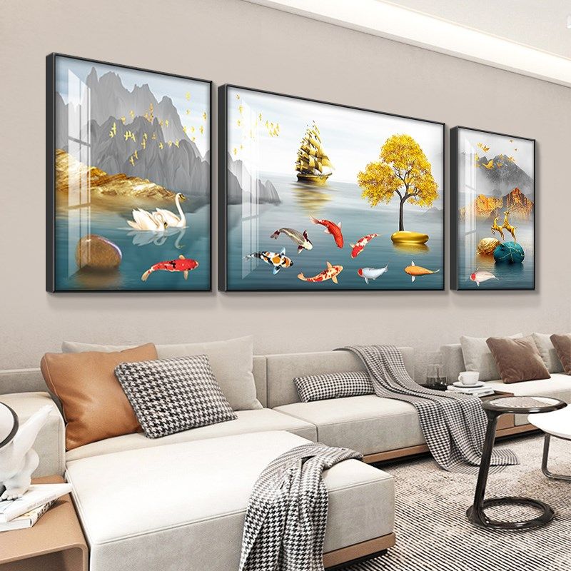 九鱼图客厅装饰画山水画2024新款高端沙发背景墙挂画现代简约壁画,家居饰品,现代装饰画,淘宝优惠券,粉丝福利购,淘宝优惠卷