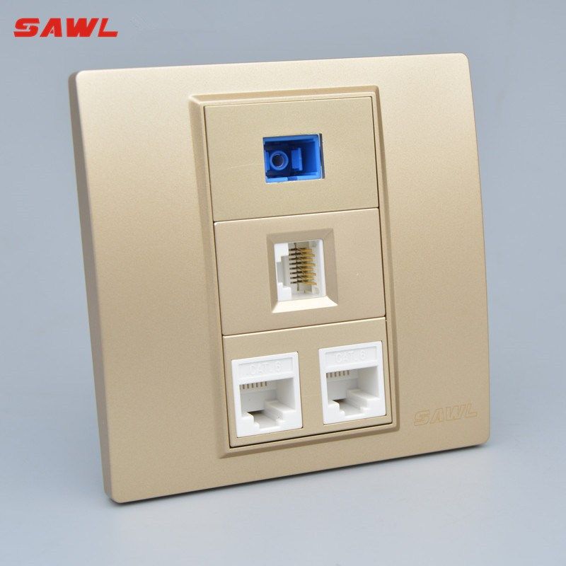 香槟色三口六类网线网络光纤插座86型 SC光纤3个千兆电脑信息面板,电子/电工,电脑插座,淘宝优惠券,粉丝福利购,淘宝优惠卷