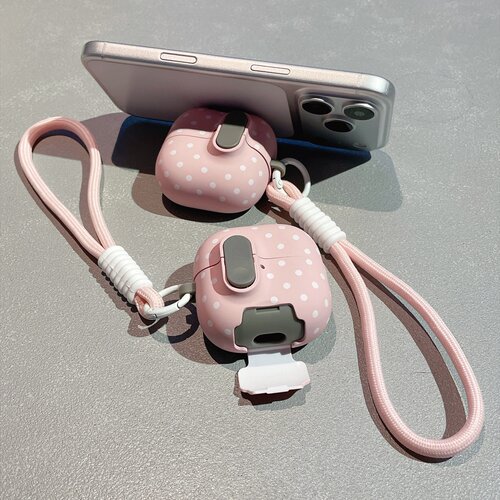 韩风简约粉色波点自动弹盖锁扣开关适用于华为Freeclip2耳机保护套带支架Free Clip防摔 Freebuds 7i新款