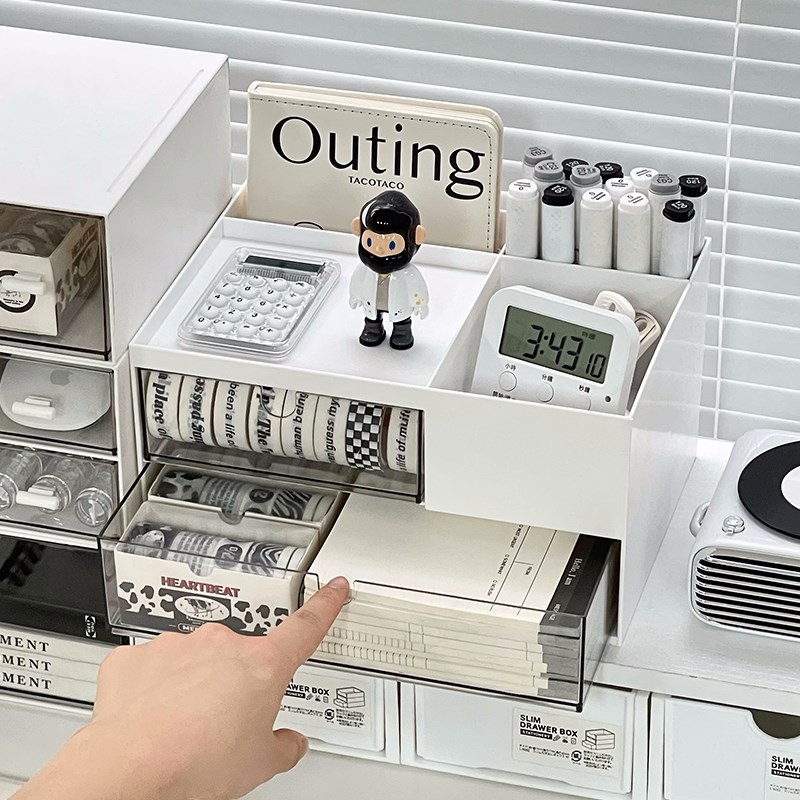 速发桌面收纳盒办公室工位防屉式小杂物抽尘整理盒宿舍书桌置物架