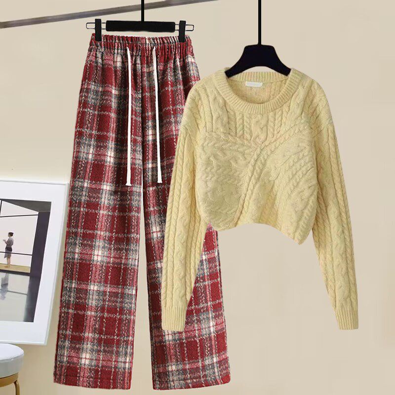 速发一5抽小个子穿搭1整套装春季针织毛衣0绳格子休闲阔腿裤两件
