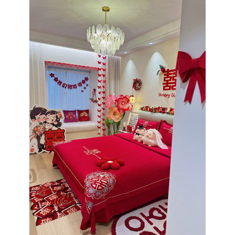 速发四件套红色100支公主风长绒婚结棉高档婚棉纯庆陪嫁4