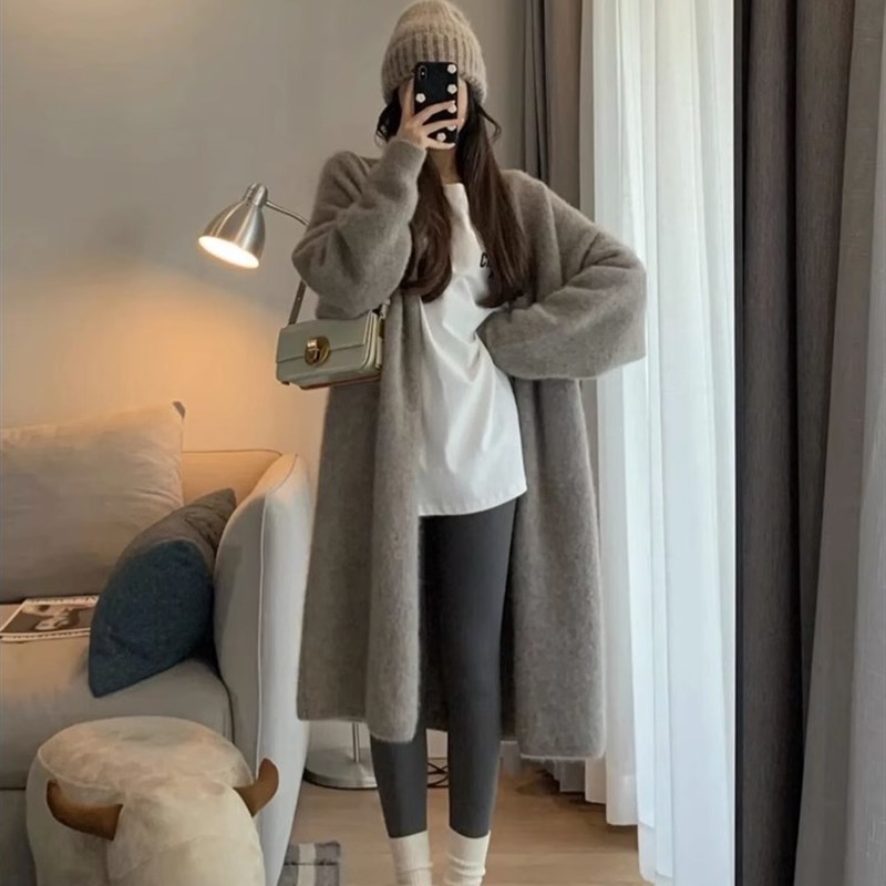 速发法式高级感过膝中长款针织开衫秋冬外穿宽衣软糯慵懒风毛松外