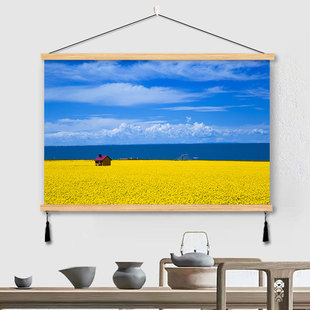 速发玄关风布装饰画走廊过道画山水挂木入户免打孔实画景艺背景墙