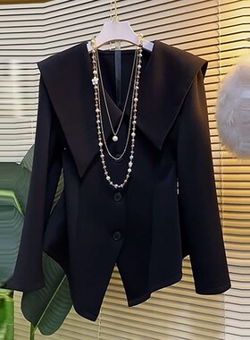 速发胖妹打黑色202新款简衫妹底约加肥大码装翻领长袖上衣