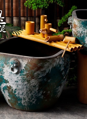 极速复古陶瓷仿古大缸浮世绘鱼缸落地摆件庭院园林粗陶手工流水水