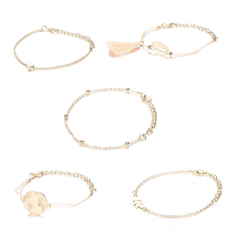 欧美粉橘色滴油地球爱心手錬 贝壳流苏珠链手串 新款五件套配饰