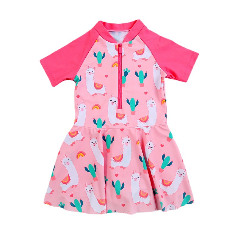 夏季宝宝沙滩泳衣韩版卡通羊驼连衣裙中大童泳衣女童学生泳装代发