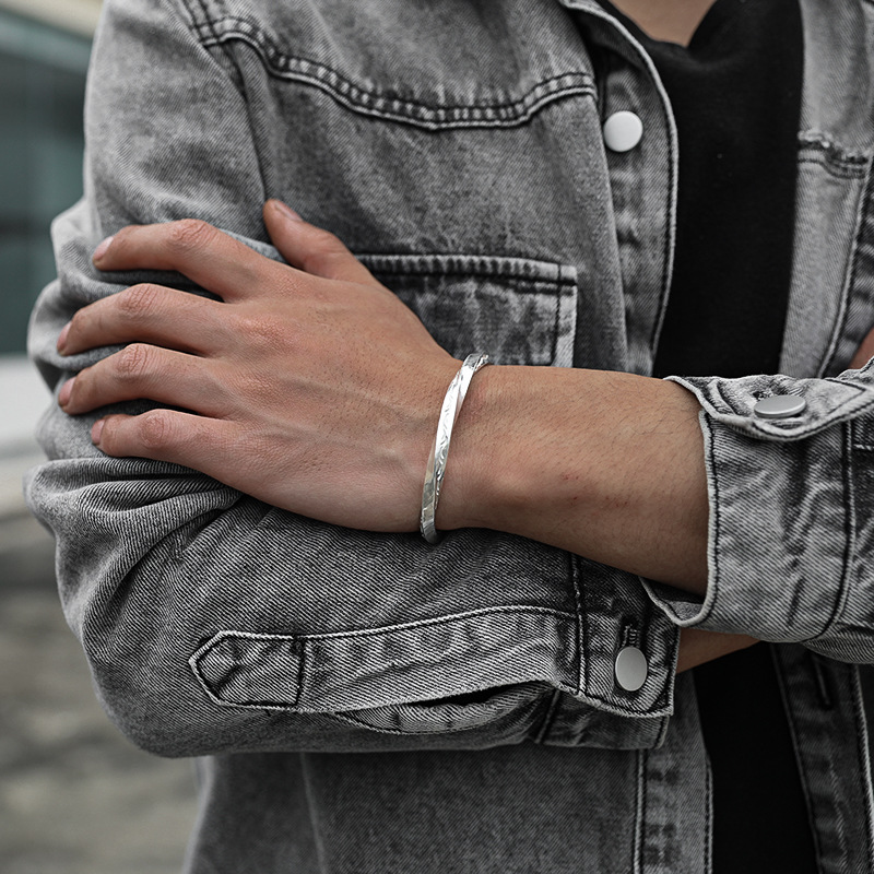 c维京战镯男士手镯手工莫比乌斯手镯环唐草纹开口男潮复古银手镯