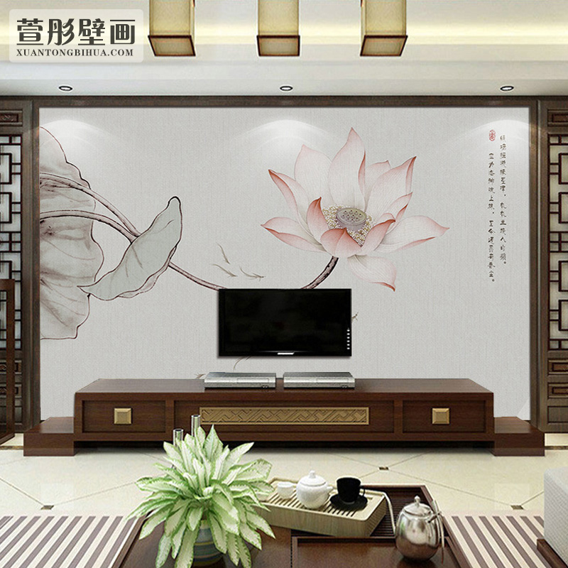 现代简约新中式禅意荷花墙纸客厅沙发电视背景墙壁纸卧室书房壁画