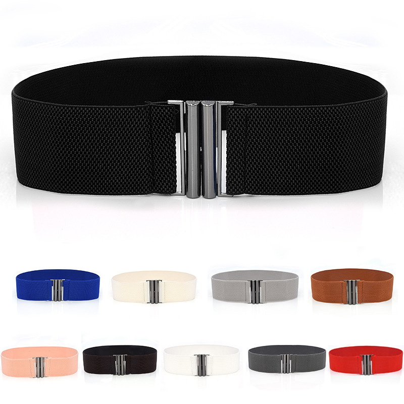 Wide Elastic Belt Solid Color Corset Belt Metal Buckle Lady