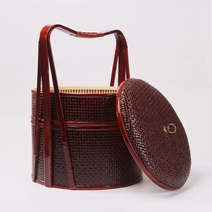 老式竹编手提送餐篮古装古代送饭道具多层篮食盒陪嫁木质中式饭篮