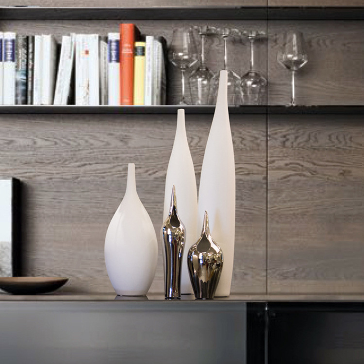 新中式高款细口尖嘴素烧哑光陶瓷花瓶干花插花器客厅电视柜摆设