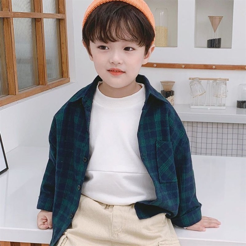 厂家男童格子衬衫儿童翻领格纹衬衣中小童宝宝长袖薄款外套春秋款