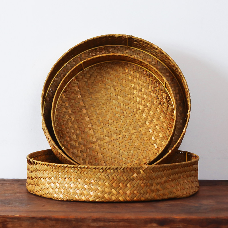 海草编织收纳筐家用田园桌面藤编圆形零食钥匙口红化妆品储物盒篮