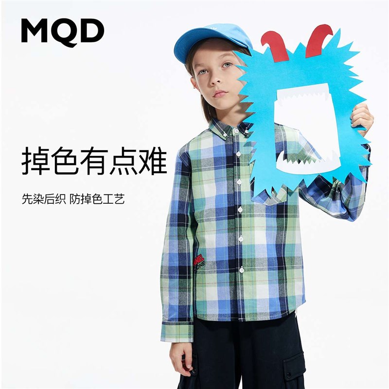 新品MQD童装格子衬衫男童2022秋季新款字母印花韩版百搭长袖儿童