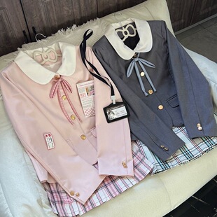 云靡 原创正版圆领收腰jk西服套装学院风校供感春秋粉色西装外套