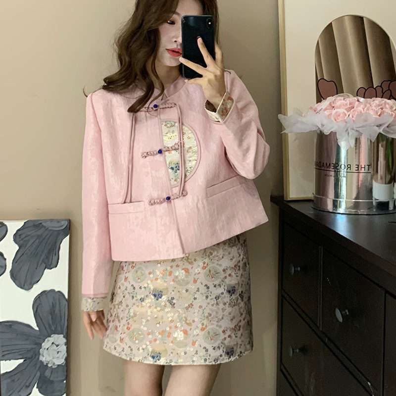 N0701新中式复古点春枝重工亮片粉色短裙套装女设计感两件套春装