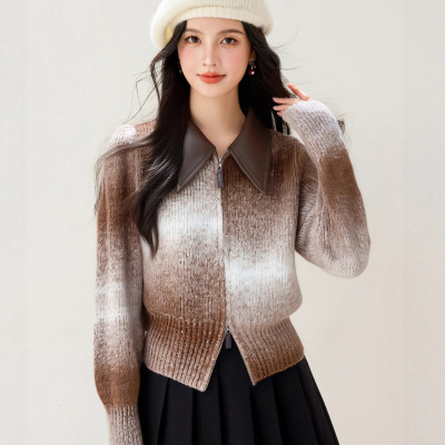 R9278渐变印染针织毛衣外套女短款夹克气质通勤秋冬新款上衣跨境