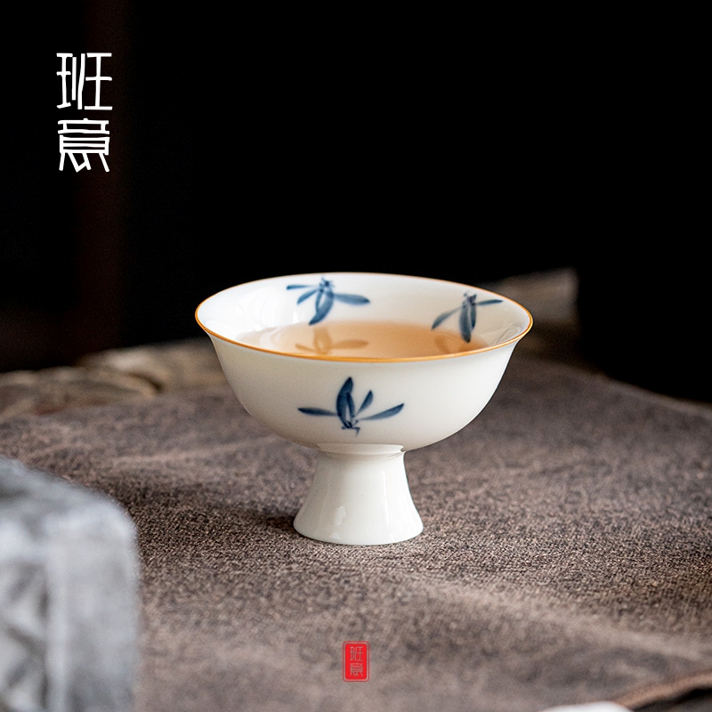 纯手绘兰花品茗杯家用白瓷茶杯陶瓷功夫茶具高足主人杯单杯喝茶盏