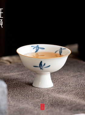 纯手绘兰花品茗杯家用白瓷茶杯陶瓷功夫茶具高足主人杯单杯喝茶盏
