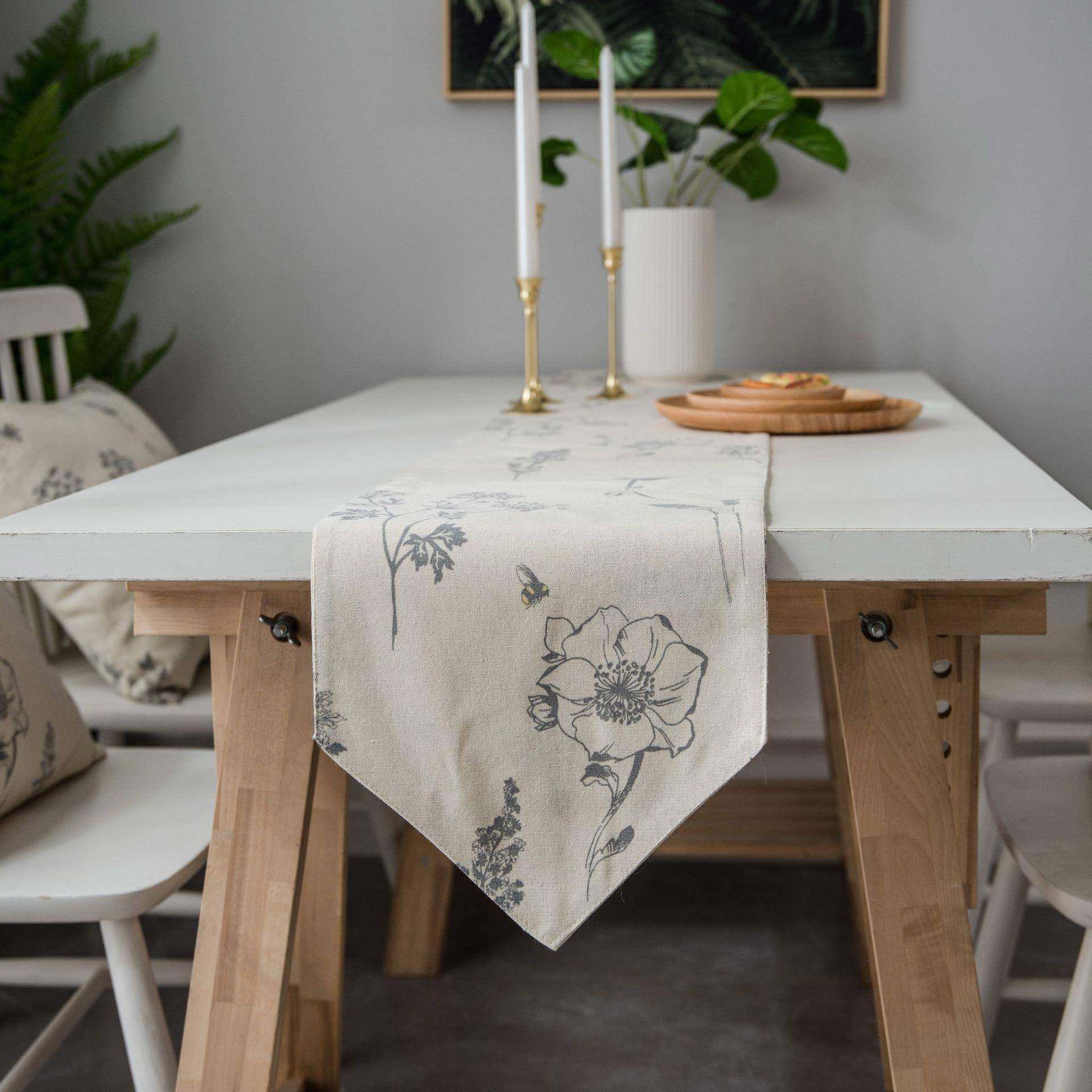 素描花朵桌旗美式乡村节日礼物茶几布电视柜床旗流苏