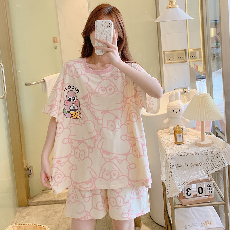 超大码250斤纯棉睡衣套装女夏季胖MM200斤加肥宽松短袖家居服女
