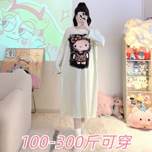 特大码300斤纯棉长袖睡裙女春秋季胖MM200斤加肥印花卡通家居服女