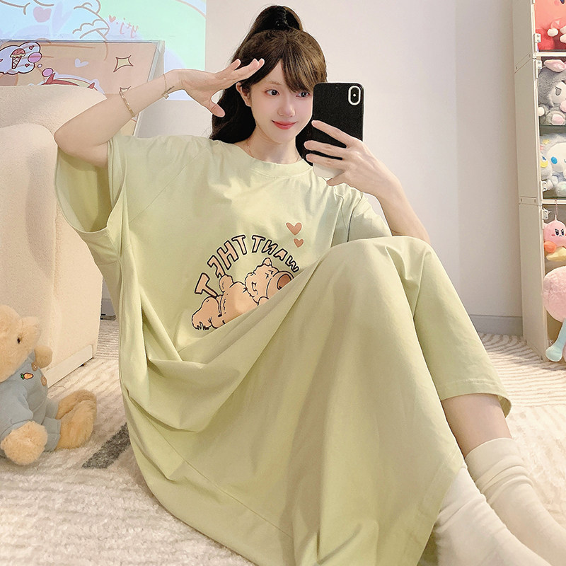 特大码300斤纯棉睡裙女夏季胖MM200斤加肥宽松印花短袖家居服女