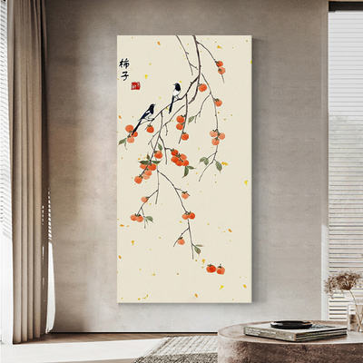 柿柿如意纯手绘油画新中式玄关装饰画客厅侘寂风抽象柿子肌理挂画