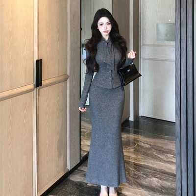 【两件套】小香风灰色飘带短款上衣女秋冬包臀鱼尾裙长裙盐系轻熟